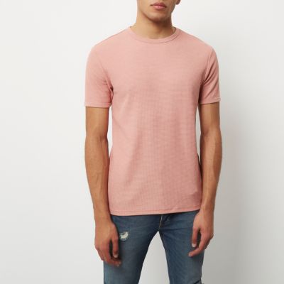 Pink waffle cotton slim fit T-shirt